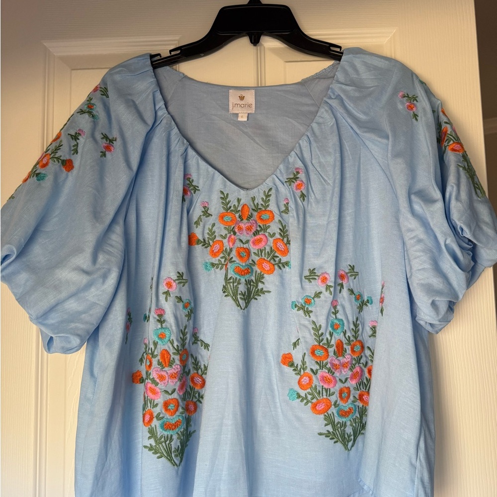 J. Marie NWT Light Blue Astrid Floral Embroidered V-Neck Top Size Large